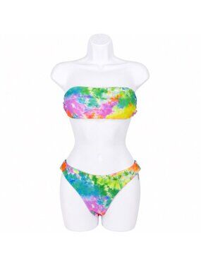 SHEIN Bikini Set M Tie Dye Rainbow Bandeau Ruffle Cheeky Y2K Beach Festival
